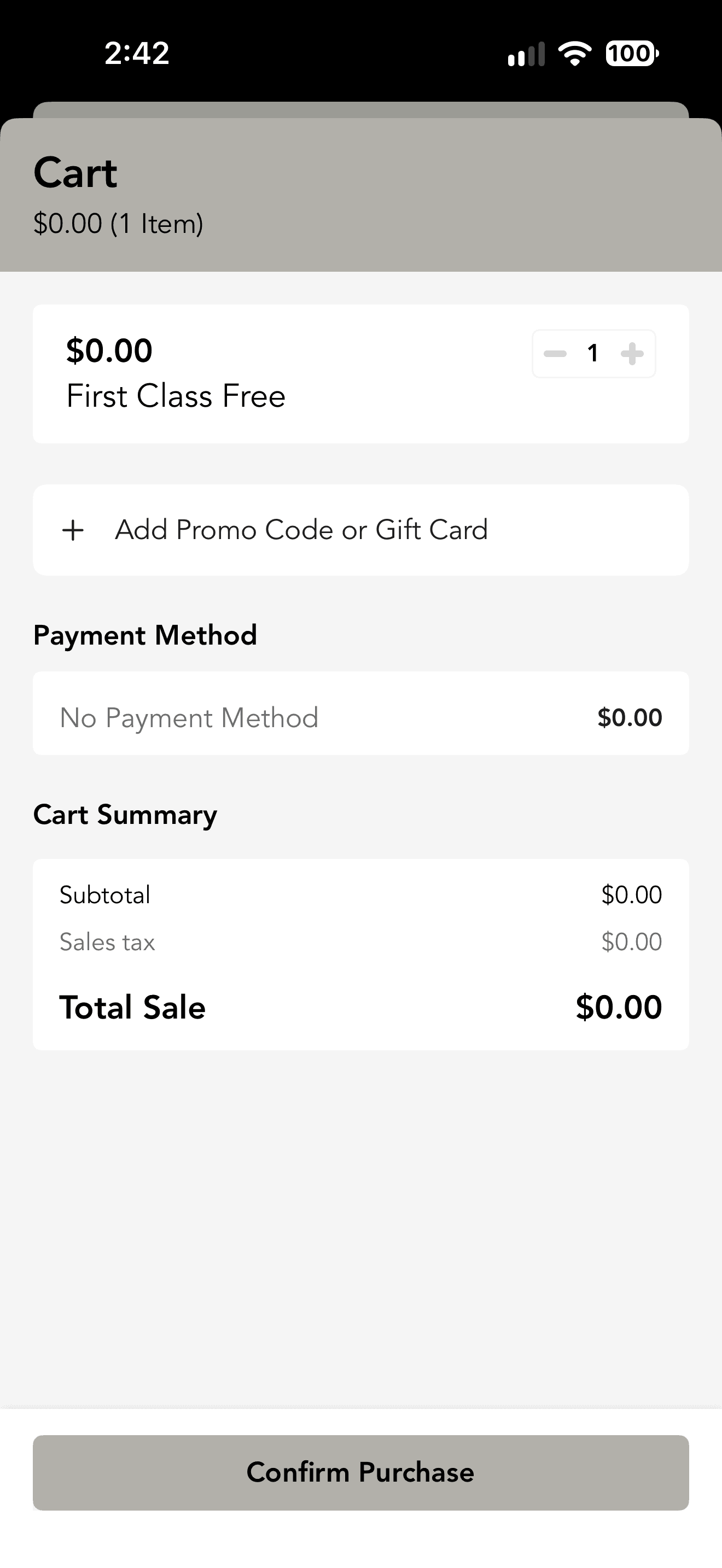 Live Korio Method iOS cart showing First Class Free, No Payment Method, zero-dollar total, and Confirm Purchase
